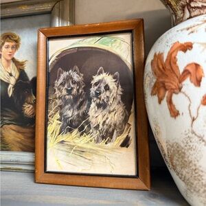 Miniature Vintage Terrier Dogs Drawing in Wood Frame